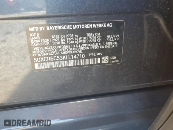 2019 BMW X5 xDrive40i with VIN 5UXCR6C53KLL14710, listed as a Copart auction lot 57408185 with 51,547 mi miles and Salvage title. Bid and sale history available at DreamBid. Image 14.