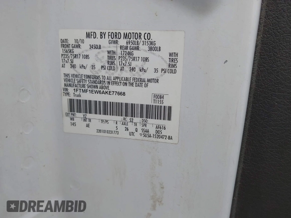 2010 Ford F-150 XL with VIN 1FTMF1EW6AKE77668, listed as a IAAI auction lot 42091624 with 199,953 mi miles and . Bid and sale history available at DreamBid. Image 9.