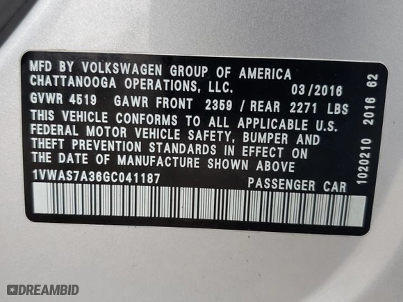2016 Volkswagen Passat 1.8T S with VIN 1VWAS7A36GC041187, listed as a Copart auction lot 46336405 with 160,280 mi miles and Clean Title. Bid and sale history available at carsss.com. Image 12.