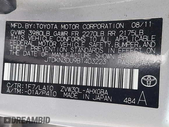 2011 Toyota Prius I with VIN JTDKN3DU9B1403223, listed as a IAAI auction lot 42171753 with 47,928 mi miles and . Bid and sale history available at DreamBid. Image 9.