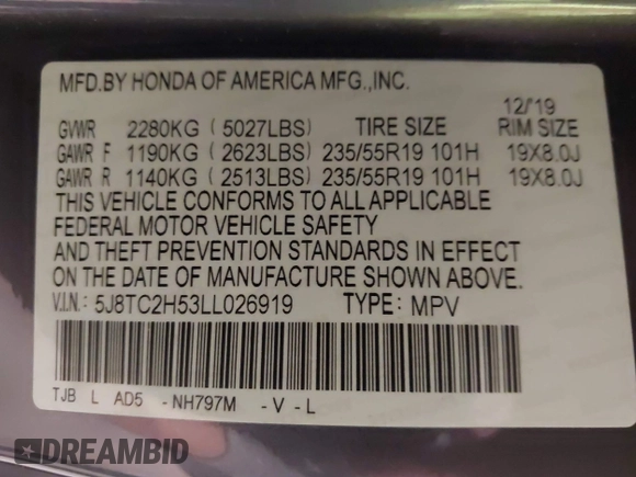 2020 Acura RDX Technology with VIN 5J8TC2H53LL026919, listed as a IAAI auction lot 42142911 with 37,492 mi miles and . Bid and sale history available at DreamBid. Image 9.