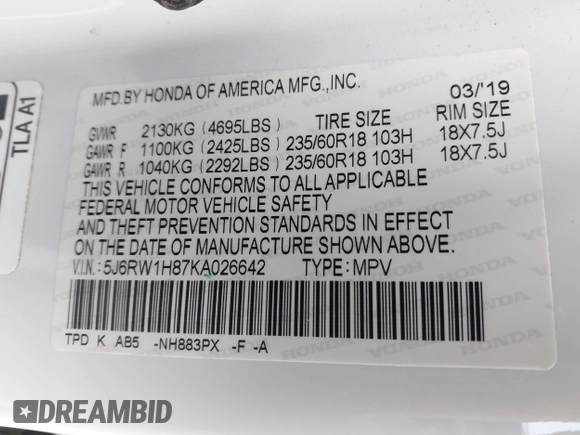 2019 Honda CR-V EX-L with VIN 5J6RW1H87KA026642, listed as a IAAI auction lot 41744063 with 46,770 mi miles. Bid and sale history available at carsss.com. Image 9.