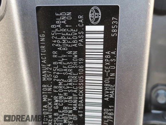 2025 Toyota Camry LE with VIN 4T1DAACK6SU510619, listed as a Copart auction lot 48764735 with 22,031 mi miles and Salvage Title. Bid and sale history available at DreamBid. Image 12.