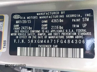 2015 Kia Optima LX with VIN 5XXGM4A71FG484306, listed as a IAAI auction lot 41797482 with 116,181 mi miles and . Bid and sale history available at carsss.com. Image 9.