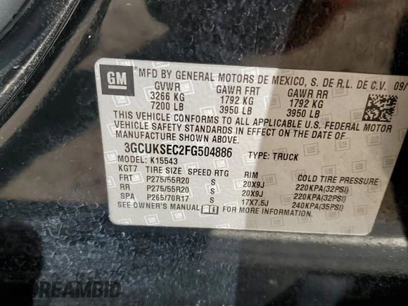 2015 Chevrolet Silverado 1500 LTZ with VIN 3GCUKSEC2FG504886, listed as a Copart auction lot 46433495 with 131,475 mi miles and Salvage Title. Bid and sale history available at DreamBid. Image 13.