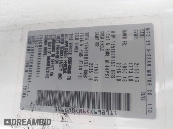 2019 Nissan NV200 S z VIN 3N6CM0KN6KK698911, wystawiony jako IAAI lot #41446778 z przebiegiem 52 558 mil mil oraz . Historia ofert i sprzedaży dostępna na DreamBid. Obrazek 9.