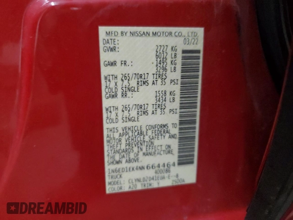 2022 Nissan Frontier SV with VIN 1N6ED1EK4NN664464, listed as a Copart auction lot 48712505 with 86,819 mi miles and Salvage title. Bid and sale history available at DreamBid. Image 13.