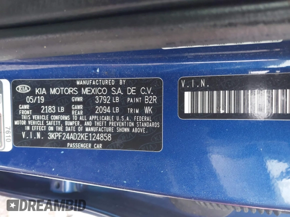2019 Kia Forte LXS with VIN 3KPF24AD2KE124858, listed as a IAAI auction lot 41073436 with 95,218 mi miles. Bid and sale history available at carsss.com. Image 9.