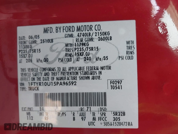 2005 Ford Ranger XL with VIN 1FTYR10U15PA96592, listed as a IAAI auction lot 41369442 with 153,181 mi miles and . Bid and sale history available at DreamBid. Image 9.