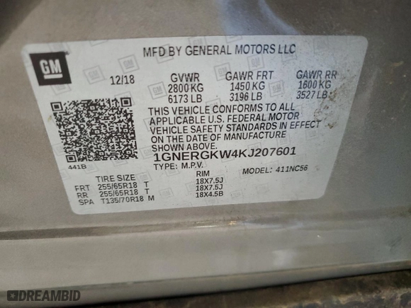 2019 Chevrolet Traverse LT Cloth with VIN 1GNERGKW4KJ207601, listed as a Copart auction lot 49160995 with 80,810 mi miles and Salvage Title. Bid and sale history available at carsss.com. Image 13.