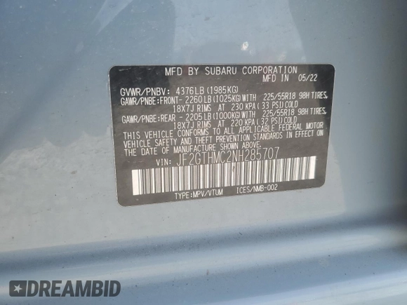 2022 Subaru Crosstrek Limited с VIN JF2GTHMC2NH285707, выставлен на аукционе Copart как лот 53374985 с пробегом 26 123 миль миль и Списание • Salvage title. История ставок и продаж доступна на DreamBid. Изображение 14.