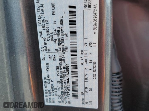 2022 Ford F-150 XL with VIN 1FTFW1ED6NFA25581, listed as a Copart auction lot 51600655 with 33,220 mi miles and Salvage Title. Bid and sale history available at DreamBid. Image 14.