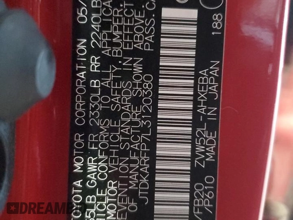 2020 Toyota Prius LE z VIN JTDKARFP7L3120380, wystawiony jako Copart lot #59051355 z przebiegiem 35 629 mil mil oraz Szkoda całkowita • Salvage title. Historia ofert i sprzedaży dostępna na DreamBid. Obrazek 12.