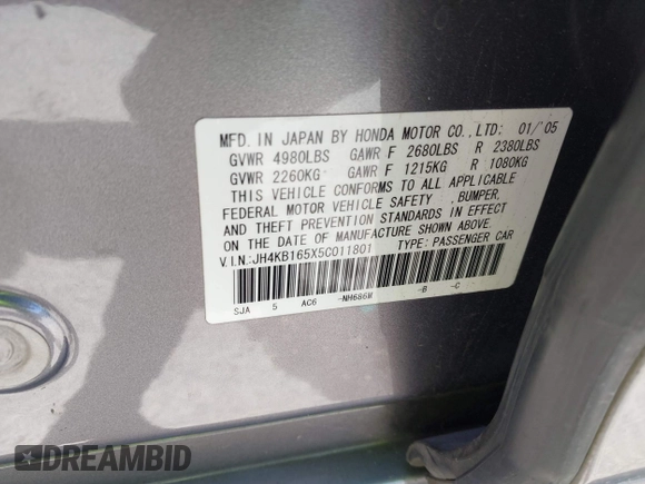 2005 Acura RL with VIN JH4KB165X5C011801, listed as a IAAI auction lot 42655208 with 190,816 mi miles and . Bid and sale history available at DreamBid. Image 9.