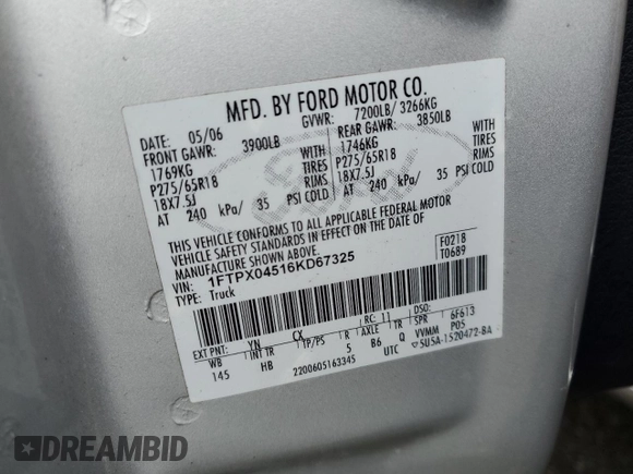 2006 Ford F-150 XLT z VIN 1FTPX04516KD67325, wystawiony jako Copart lot #47562935 z przebiegiem 173 683 mil mil oraz Szkoda całkowita • Salvage title. Historia ofert i sprzedaży dostępna na DreamBid. Obrazek 12.