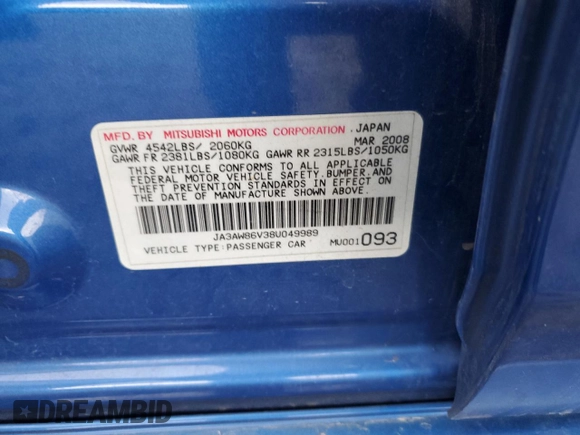 2008 Mitsubishi Lancer Evolution GSR with VIN JA3AW86V38U049989, listed as a Copart auction lot 84926554 with 99,312 mi miles and Salvage Title. Bid and sale history available at carsss.com. Image 13.