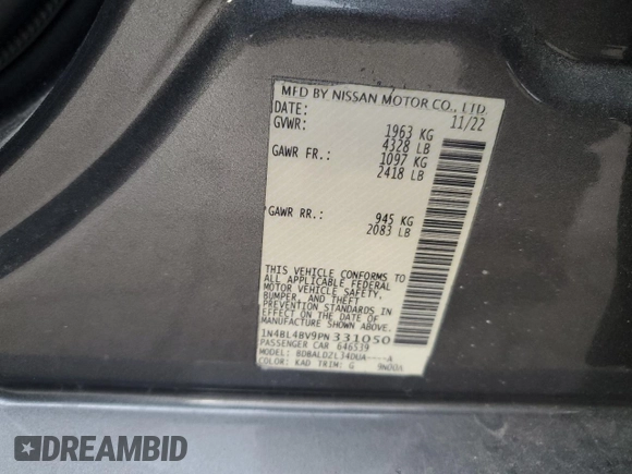 2023 Nissan Altima S with VIN 1N4BL4BV9PN331050, listed as a Copart auction lot 78193524 with 12,607 mi miles and Salvage Title. Bid and sale history available at DreamBid. Image 13.