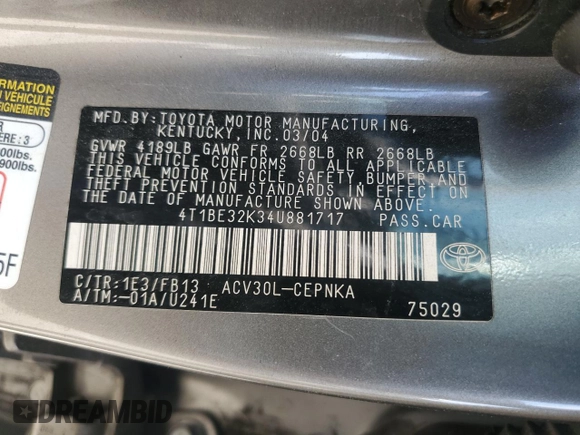 2004 Toyota Camry LE z VIN 4T1BE32K34U881717, wystawiony jako Copart lot #53731565 z przebiegiem Nie podano mil oraz Szkoda całkowita • Salvage title. Historia ofert i sprzedaży dostępna na DreamBid. Obrazek 12.