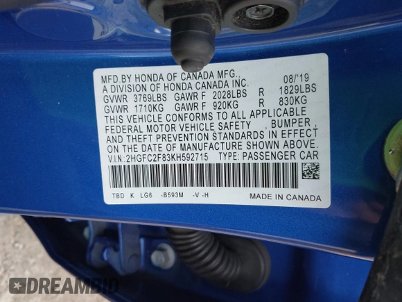 2019 Honda Civic Sedan Sport with VIN 2HGFC2F83KH592715, listed as a IAAI auction lot 41609225 with 1 mi miles. Bid and sale history available at carsss.com. Image 9.