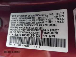 2011 Honda CR-V LX with VIN 5J6RE4H30BL044431, listed as a IAAI auction lot 42006408 with 239,833 mi miles. Bid and sale history available at carsss.com. Image 9.
