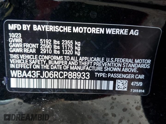 2024 BMW 5 Series 530i with VIN WBA43FJ06RCP88933, listed as a Copart auction lot 77122854 with 10,914 mi miles and Salvage Title. Bid and sale history available at carsss.com. Image 14.