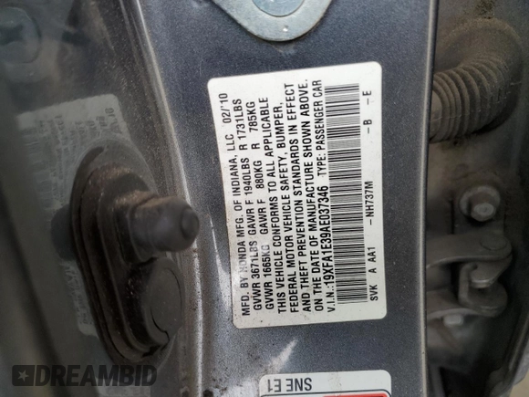 2010 Honda Civic z VIN 19XFA1E39AE037346, wystawiony jako Copart lot #53279185 z przebiegiem 148 350 mil mil oraz Szkoda całkowita • Salvage title. Historia ofert i sprzedaży dostępna na DreamBid. Obrazek 14.