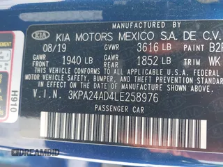 2020 Kia Rio LX with VIN 3KPA24AD4LE258976, listed as a IAAI auction lot 42072327 with 43,553 mi miles and . Bid and sale history available at DreamBid. Image 9.