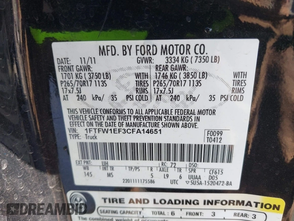 2012 Ford F-150 XL with VIN 1FTFW1EF3CFA14651, listed as a IAAI auction lot 42455225 with 190,944 mi miles and . Bid and sale history available at DreamBid. Image 9.