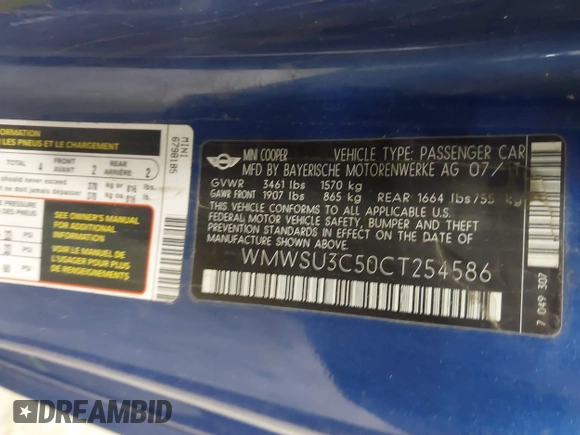 2012 MINI Hardtop with VIN WMWSU3C50CT254586, listed as a IAAI auction lot 42134122 with 223,669 mi miles and . Bid and sale history available at DreamBid. Image 9.