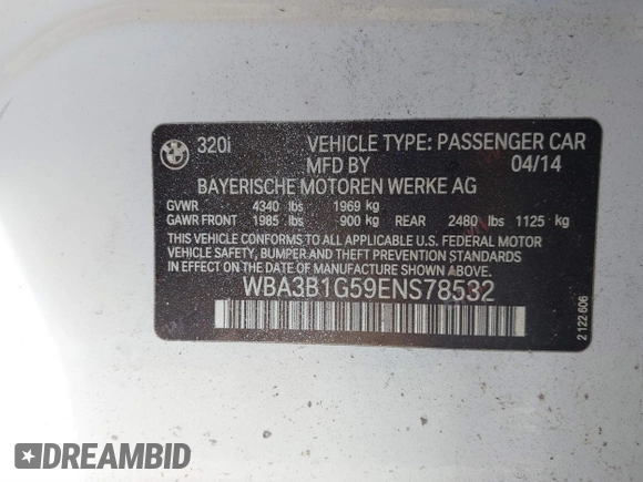 2014 BMW 3 Series 320i with VIN WBA3B1G59ENS78532, listed as a IAAI auction lot 41627172 with 133,049 mi miles. Bid and sale history available at carsss.com. Image 9.