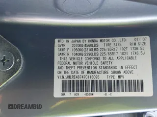 2007 Honda CR-V EX-L with VIN JHLRE48747C118095, listed as a IAAI auction lot 42136953 with 271,328 mi miles and . Bid and sale history available at carsss.com. Image 9.