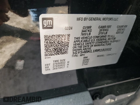 2024 Cadillac Escalade 4WD Premium Luxury with VIN 1GYS4BKL1RR181502, listed as a Copart auction lot 77155704 with 6,588 mi miles and Salvage title. Bid and sale history available at DreamBid. Image 13.
