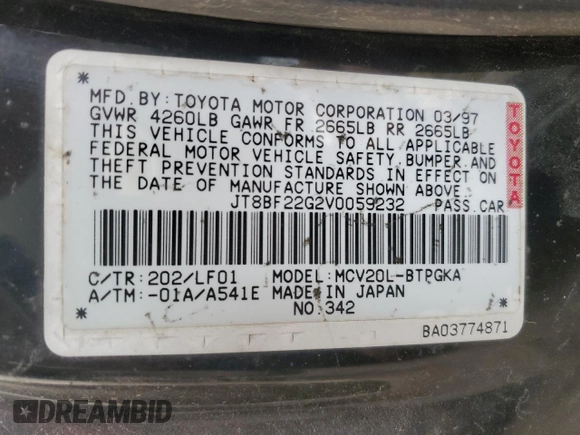 1997 Lexus ES 300 Luxury Sport Sdn with VIN JT8BF22G2V0059232, listed as a Copart auction lot 83820544 with 285,436 mi miles and Salvage Title. Bid and sale history available at carsss.com. Image 12.