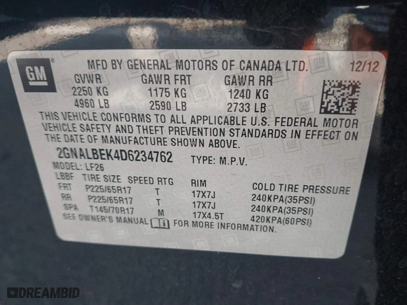2013 Chevrolet Equinox LS with VIN 2GNALBEK4D6234762, listed as a IAAI auction lot 41871978 with 91,158 mi miles. Bid and sale history available at carsss.com. Image 9.
