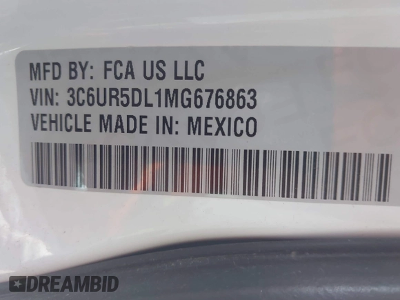 2021 Ram 2500 Big Horn with VIN 3C6UR5DL1MG676863, listed as a IAAI auction lot 42386260 with 105,328 mi miles and . Bid and sale history available at DreamBid. Image 9.