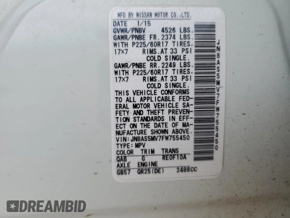 2015 Nissan Rogue S with VIN JN8AS5MV7FW755450, listed as a Copart auction lot 50575645 with 160,254 mi miles and Salvage Title. Bid and sale history available at DreamBid. Image 13.