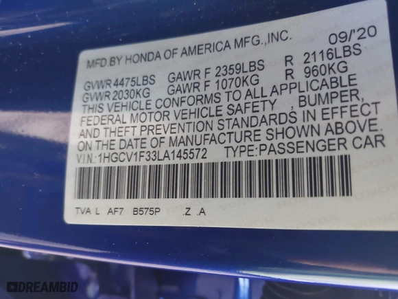 2020 Honda Accord Sedan Sport with VIN 1HGCV1F33LA145572, listed as a IAAI auction lot 41821328 with 54,956 mi miles. Bid and sale history available at carsss.com. Image 9.