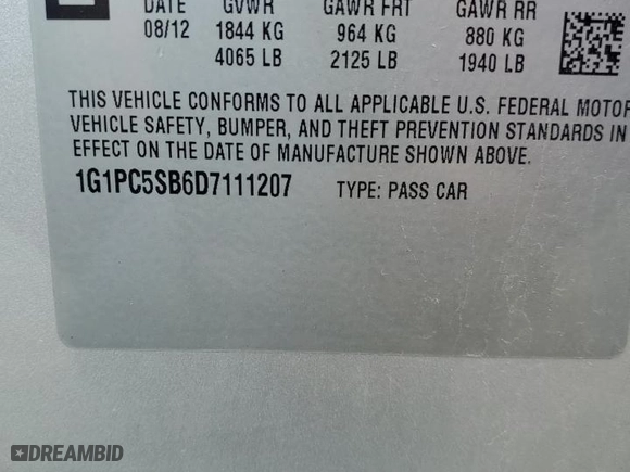 2013 Chevrolet Cruze 1LT with VIN 1G1PC5SB6D7111207, listed as a Copart auction lot 54416445 with 189,923 mi miles and Clean Title. Bid and sale history available at carsss.com. Image 12.