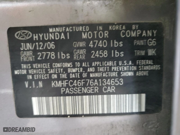 2006 Hyundai Azera SE with VIN KMHFC46F76A134653, listed as a Copart auction lot 75797614 with 171,528 mi miles and Salvage Title. Bid and sale history available at carsss.com. Image 12.