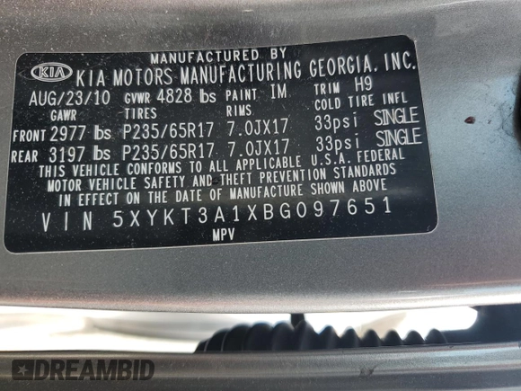 2011 Kia Sorento LX with VIN 5XYKT3A1XBG097651, listed as a Copart auction lot 47799775 with 136,918 mi miles and Salvage Title. Bid and sale history available at carsss.com. Image 15.