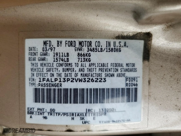 1997 Ford Escort LX with VIN 1FALP13P2VW326223, listed as a Copart auction lot 74509294 with NaN miles and Salvage Title. Bid and sale history available at carsss.com. Image 14.
