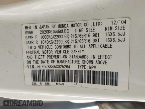 2005 Honda CR-V EX z VIN JHLRD78845C025264, wystawiony jako IAAI lot #41752341 z przebiegiem 196 753 mil mil oraz . Historia ofert i sprzedaży dostępna na DreamBid. Obrazek 9.