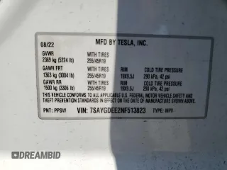 2022 Tesla Model Y Long Range z VIN 7SAYGDEE2NF513823, wystawiony jako Copart lot #51174795 z przebiegiem 28 143 mil mil oraz Szkody całkowita. Historia ofert i sprzedaży dostępna na DreamBid. Obrazek 14.