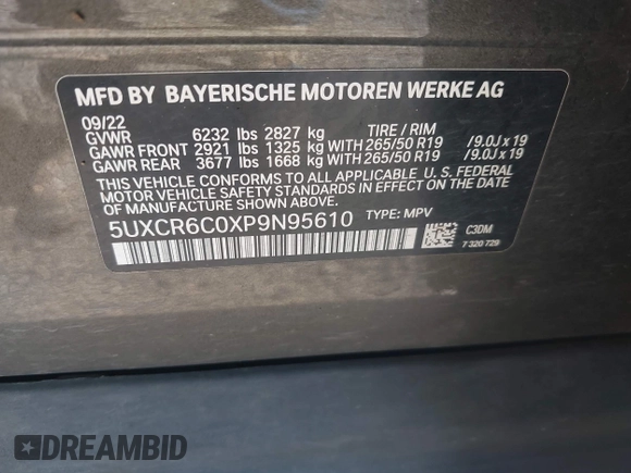 2023 BMW X5 xDrive40i with VIN 5UXCR6C0XP9N95610, listed as a IAAI auction lot 41983270 with Not provided miles and . Bid and sale history available at DreamBid. Image 9.