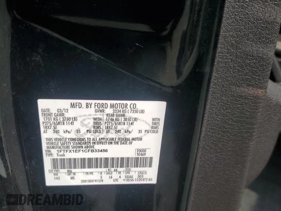 2012 Ford F-150 XL with VIN 1FTFX1EF1CFB33456, listed as a Copart auction lot 62289755 with 102,846 mi miles and Salvage title. Bid and sale history available at DreamBid. Image 12.