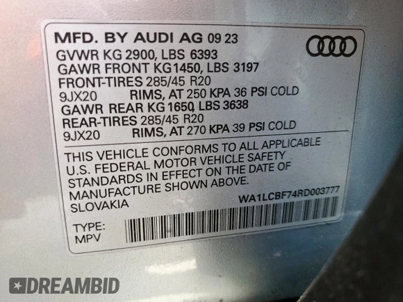2024 Audi Q7 Premium Plus with VIN WA1LCBF74RD003777, listed as a Copart auction lot 48144115 with 13,659 mi miles and Salvage title. Bid and sale history available at DreamBid. Image 14.