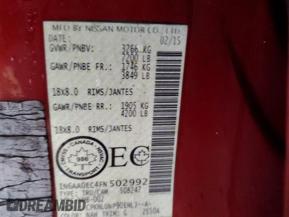 2015 Nissan Titan SV with VIN 1N6AA0EC4FN502992, listed as a Copart auction lot 44897015 with 146,497 mi miles and Salvage title. Bid and sale history available at DreamBid. Image 13.
