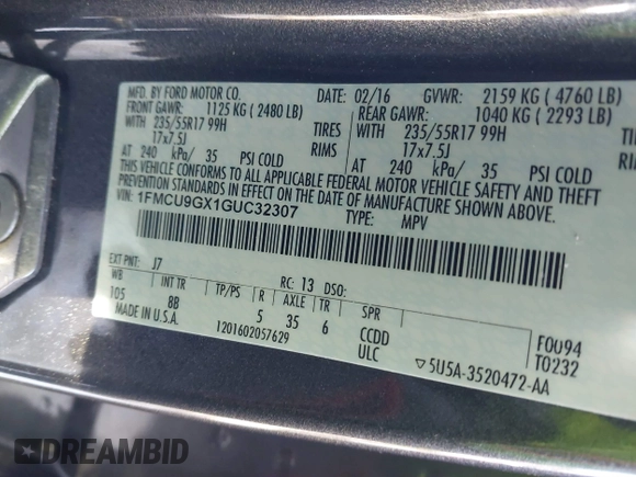 2016 Ford Escape SE with VIN 1FMCU9GX1GUC32307, listed as a IAAI auction lot 41395399 with 142,664 mi miles. Bid and sale history available at carsss.com. Image 9.