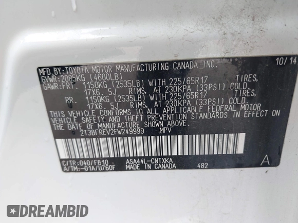 2015 Toyota RAV4 LE with VIN 2T3BFREV2FW249999, listed as a IAAI auction lot 41893415 with 112,967 mi miles. Bid and sale history available at carsss.com. Image 9.