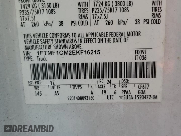 2014 Ford F-150 XL with VIN 1FTMF1CM2EKF16215, listed as a Copart auction lot 64778775 with 242,400 mi miles and Clean title. Bid and sale history available at DreamBid. Image 12.